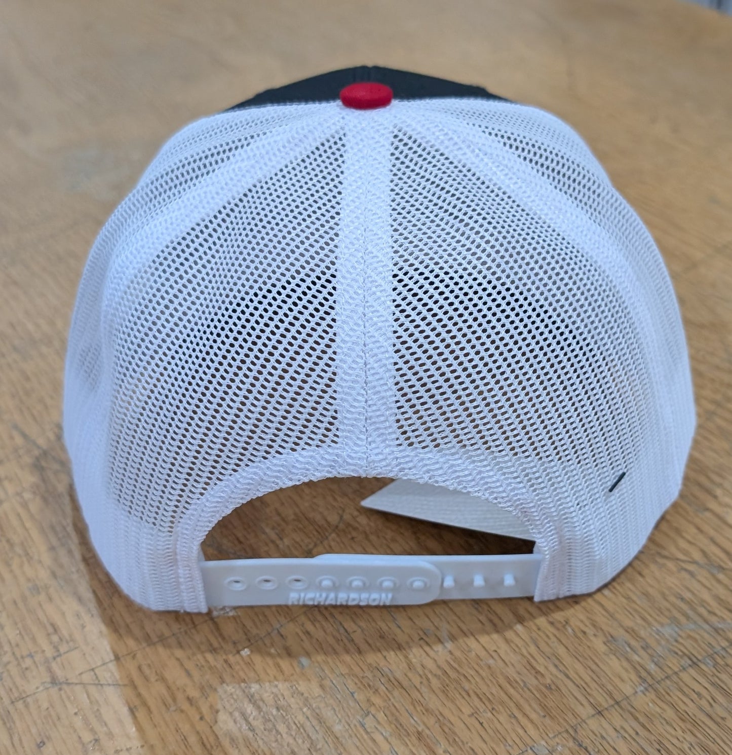 LEATHER PATCH TRUCKER HAT - BLACK, RED & WHITE - HEADWEAR