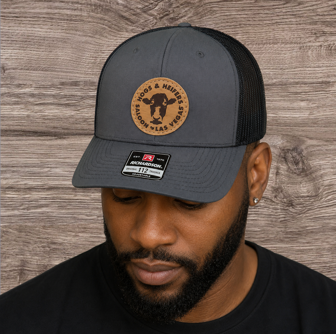 LEATHER PATCH TRUCKER HAT CHARCOAL/BLACK