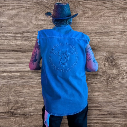 DENIM SLEEVELESS EMBOSSED VEST