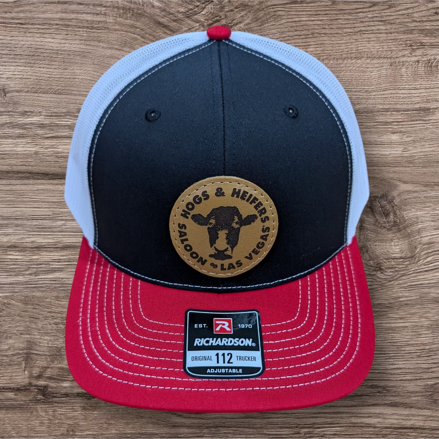 LEATHER PATCH TRUCKER HAT - BLACK, RED & WHITE - HEADWEAR