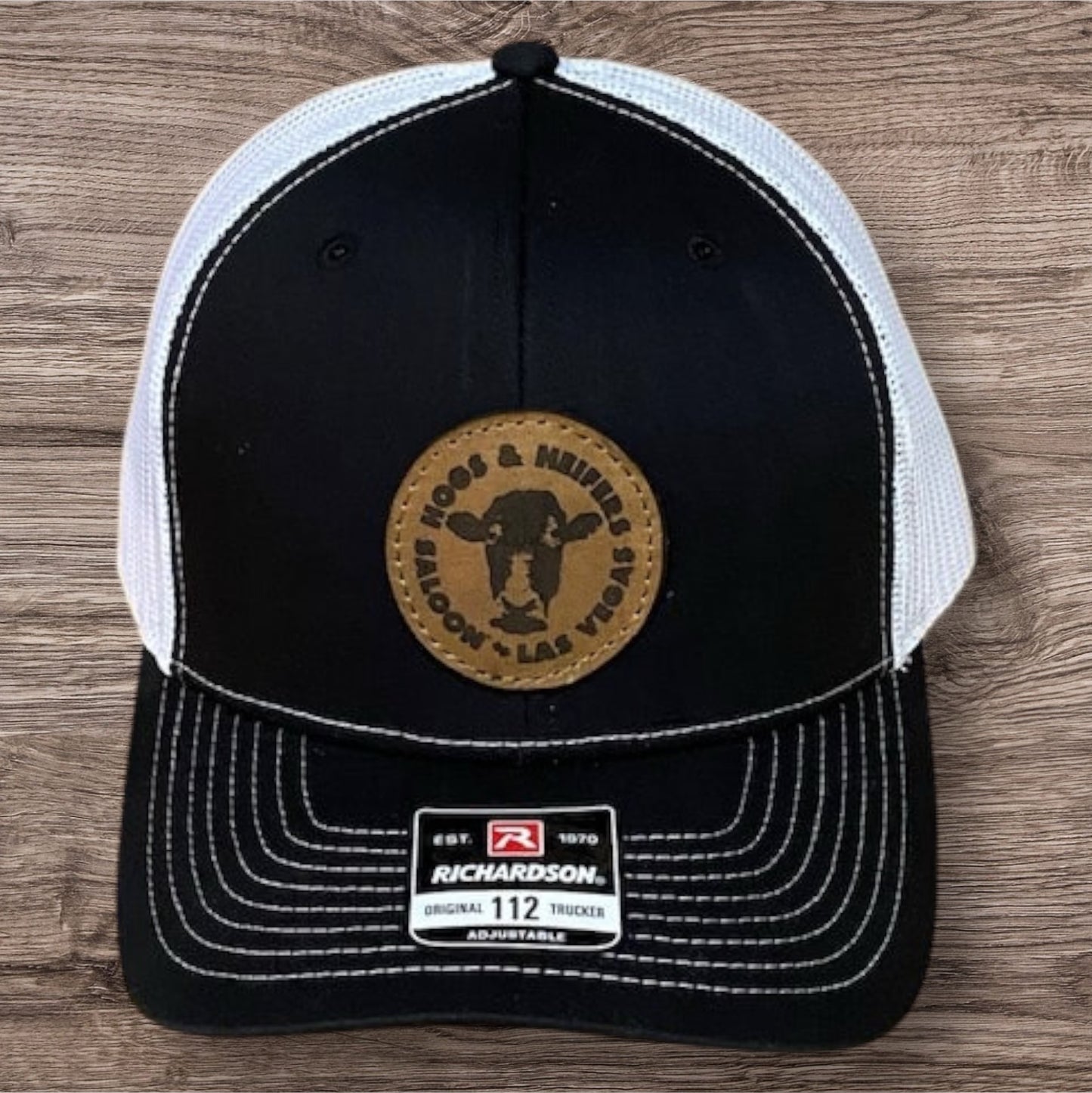 LEATHER PATCH TRUCKER HAT BLACK/WHITE